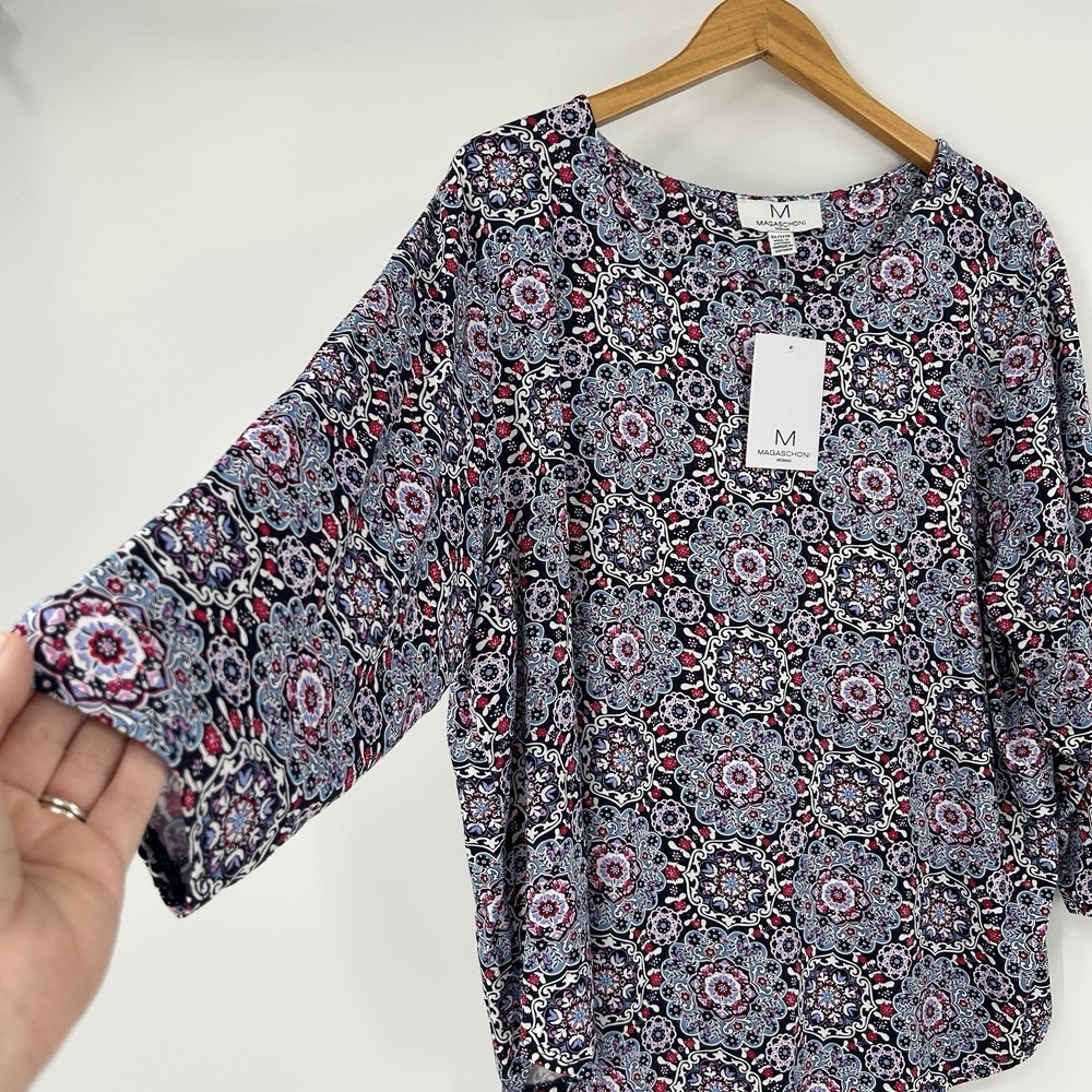 NEW Magaschoni Colorful Artsy Boho Top Womens 3X Stretch 3/4 Sleeve Whimsical
